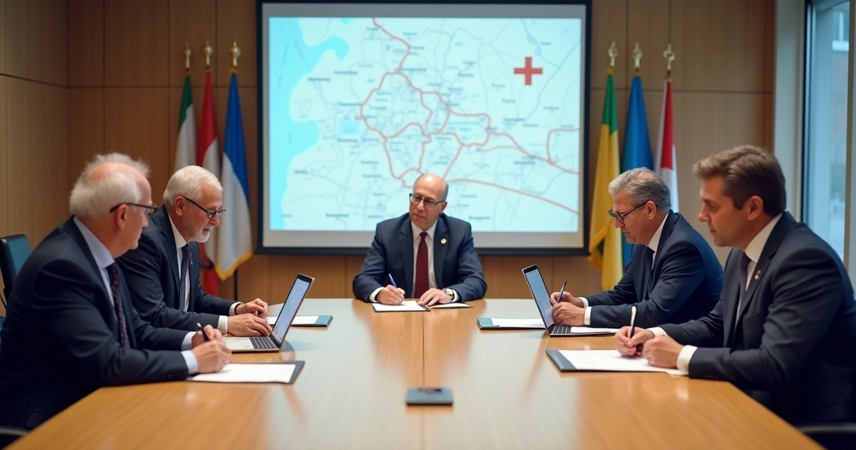 Prefeitos reunidos assinando acordo de consórcio na mesa