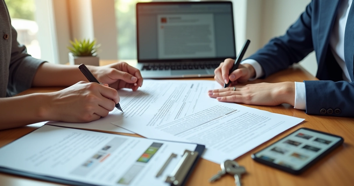Mãos assinando contrato de aluguel sobre mesa com documentos e caneta 