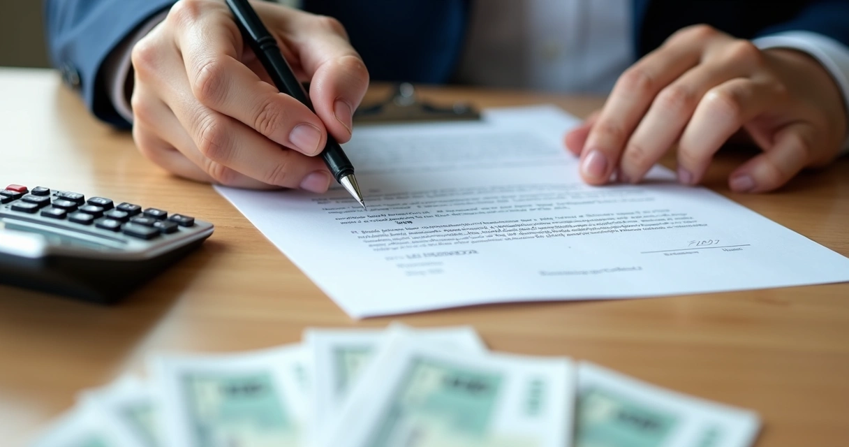 Pessoa assinando contrato de aluguel com calculadora ao lado, sobre mesa de madeira 
