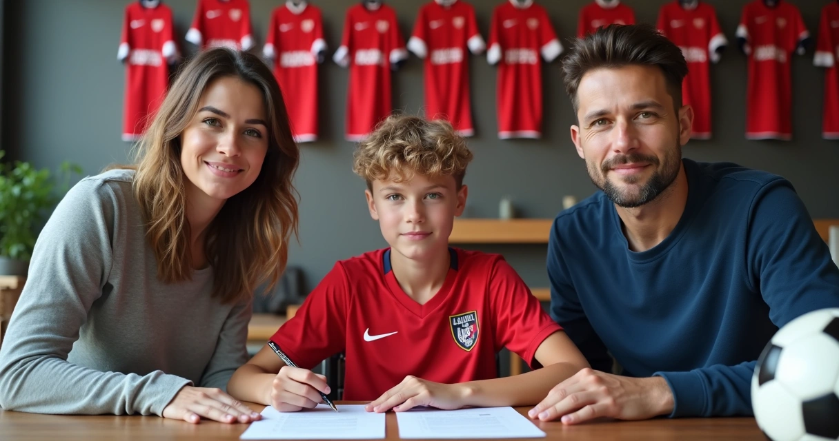 Jovem assinando contrato com time de futebol 
