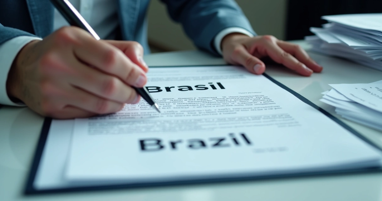 Advogado analisando contrato bilíngue com Brasil e Brazil. 