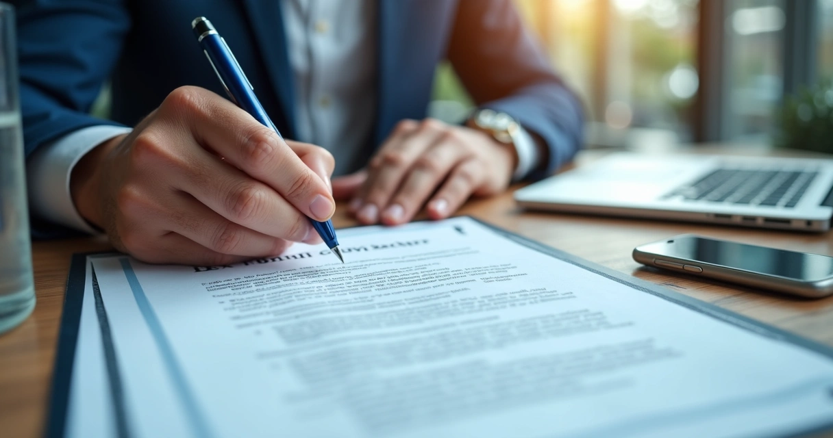 Assinatura de contrato de BPO sobre mesa com proposta e notebook 