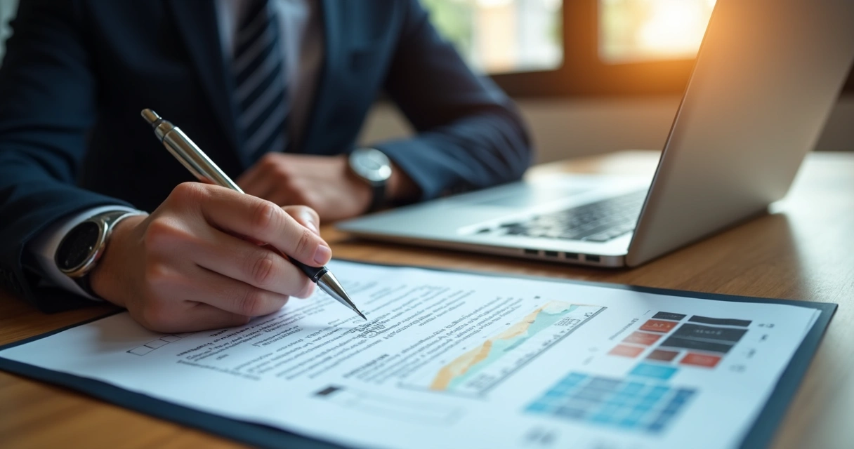 Empresário assinando contrato de câmbio com notebook em mesa 