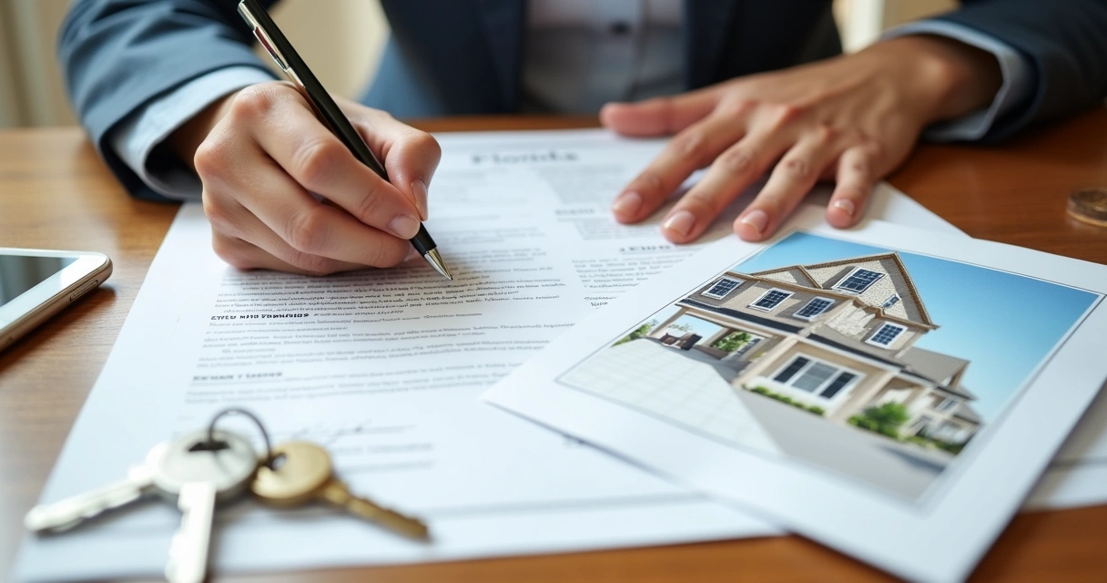 Person signing a real estate contract with documents spread out on a table 