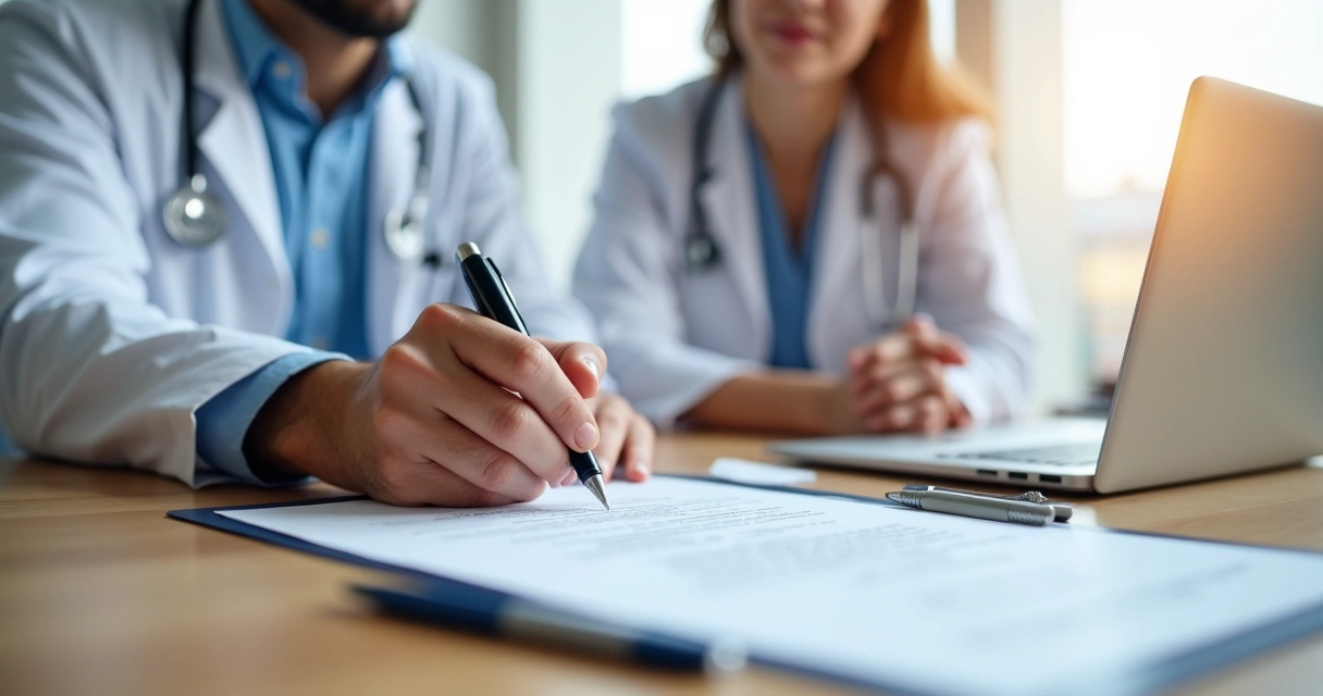 Médico segurando contrato de clínica e assinando com outros profissionais ao fundo