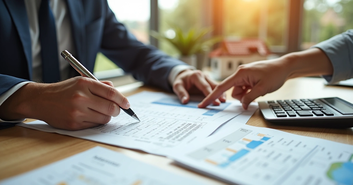 Pessoa assinando contrato de compra de imóvel com calculadora e miniatura de casa na mesa 