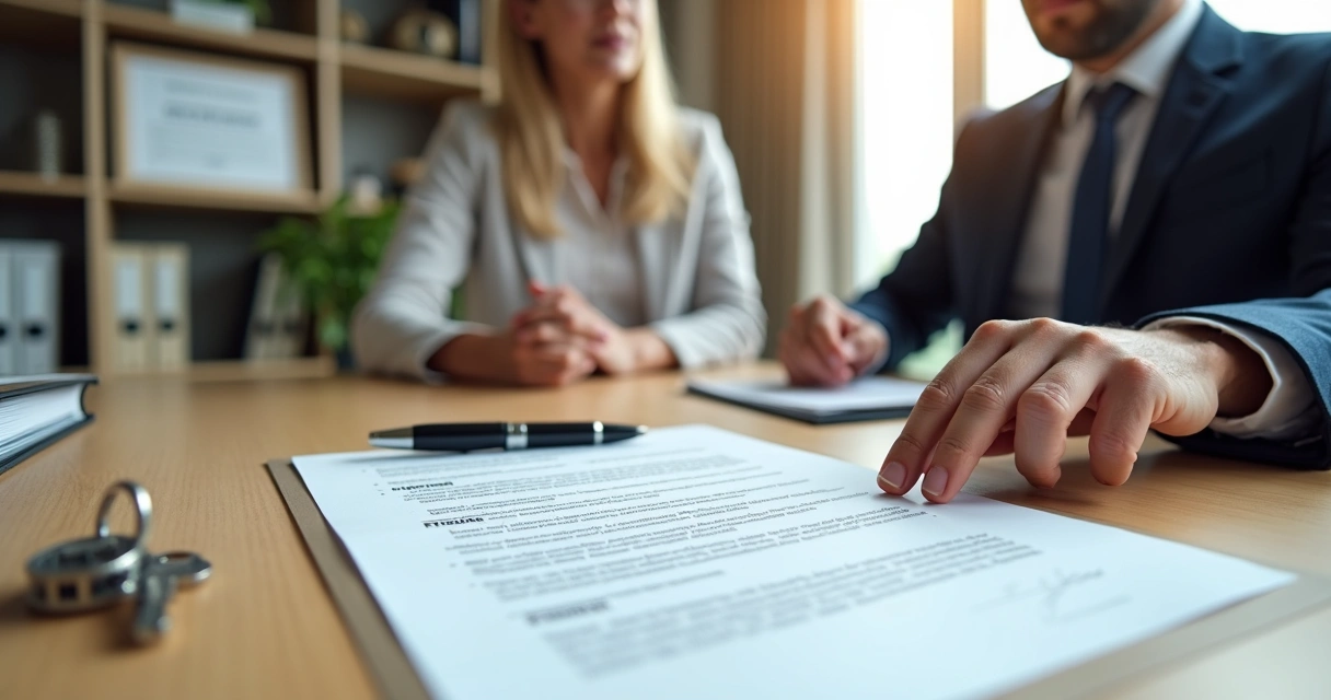 Corretor orienta casal na assinatura de contrato de compra e venda de imóvel sobre a mesa 