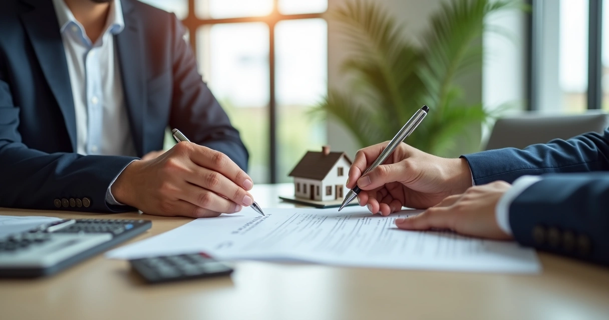 Duas pessoas sentadas à mesa assinando contrato de consórcio imobiliário 