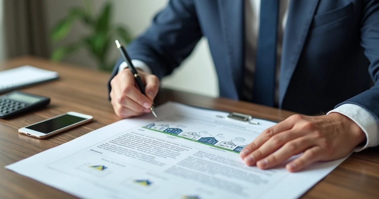 Homem segurando um contrato de consórcio imobiliário, pronto para assinar, em uma mesa com papéis e calculadora 