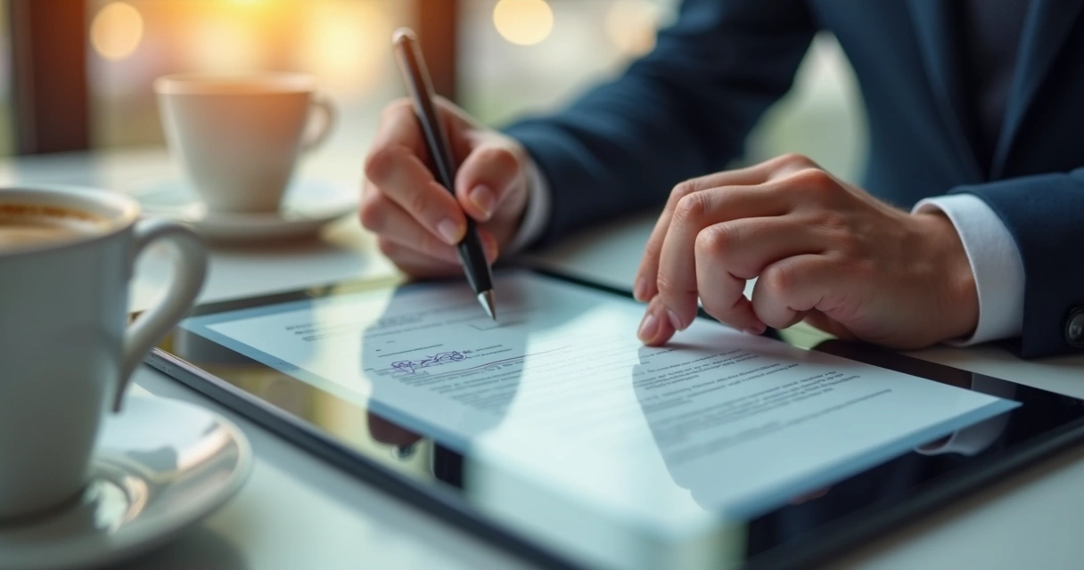 Duas mãos assinando contrato em tablet com caneta digital 