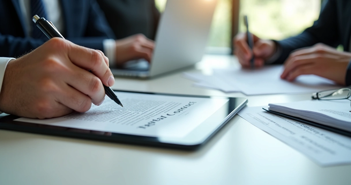 Assinatura de contrato digital em tablet durante negociação imobiliária 