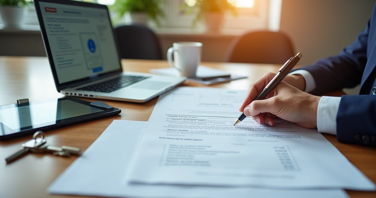 Assinatura digital em contrato de aluguel com notebook e documentos 