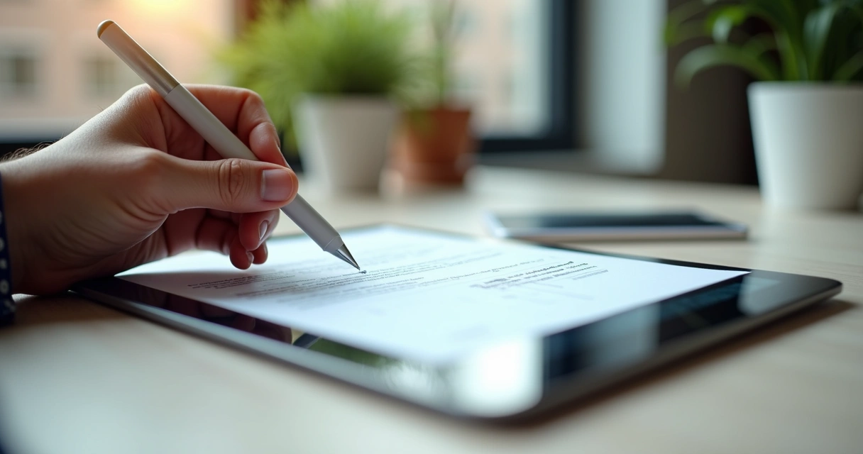 Pessoa assinando contrato digital imobiliário em tablet 