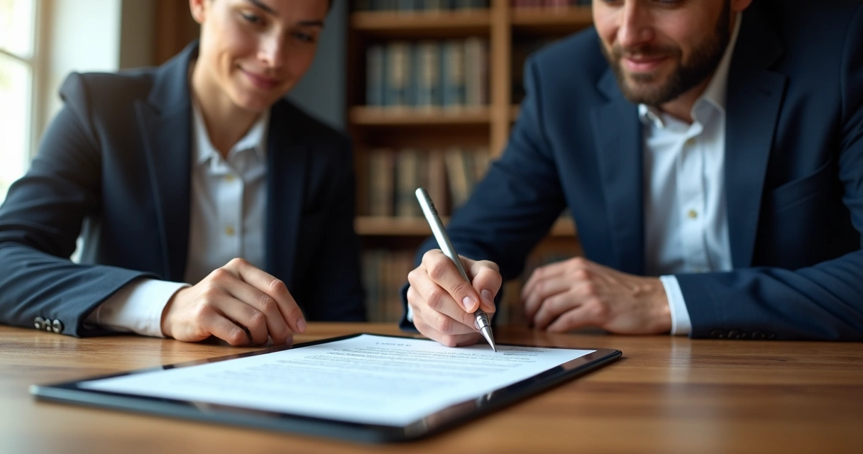 Advogado assinando contrato em tablet com cliente ao lado 