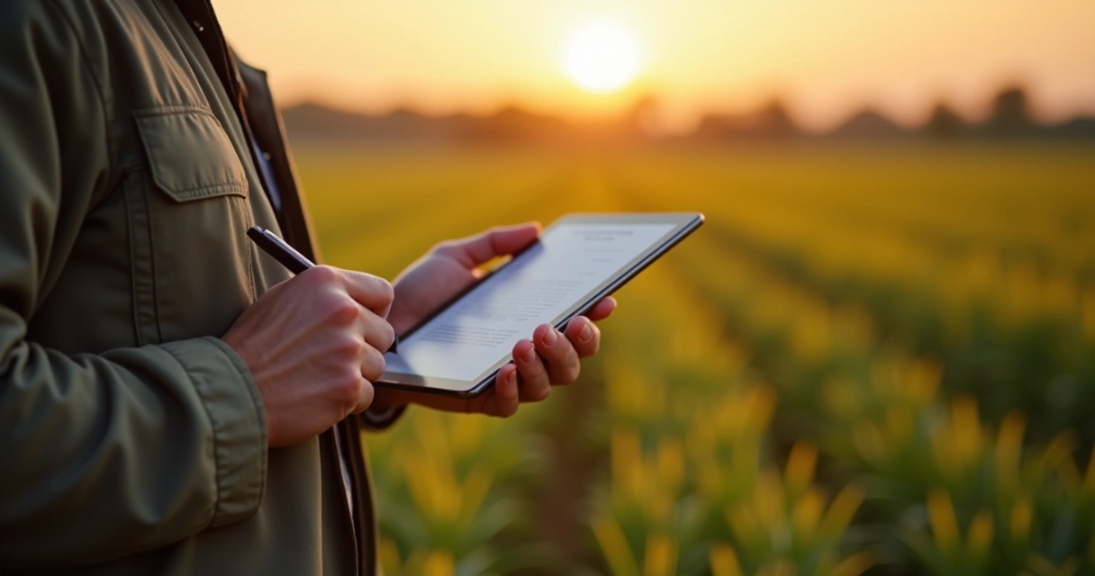 Agricultor assinando contrato digital em tablet em meio à plantação 