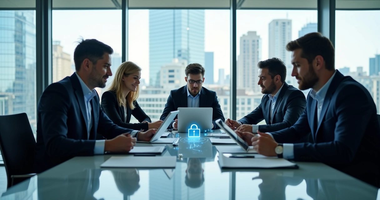 Executivos conferindo documentos digitais em mesa de reunião 