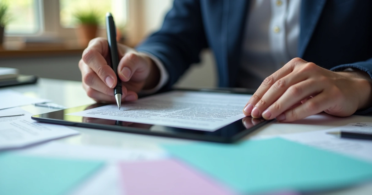 Pessoa assinando contrato digital em tablet com documentos ao redor