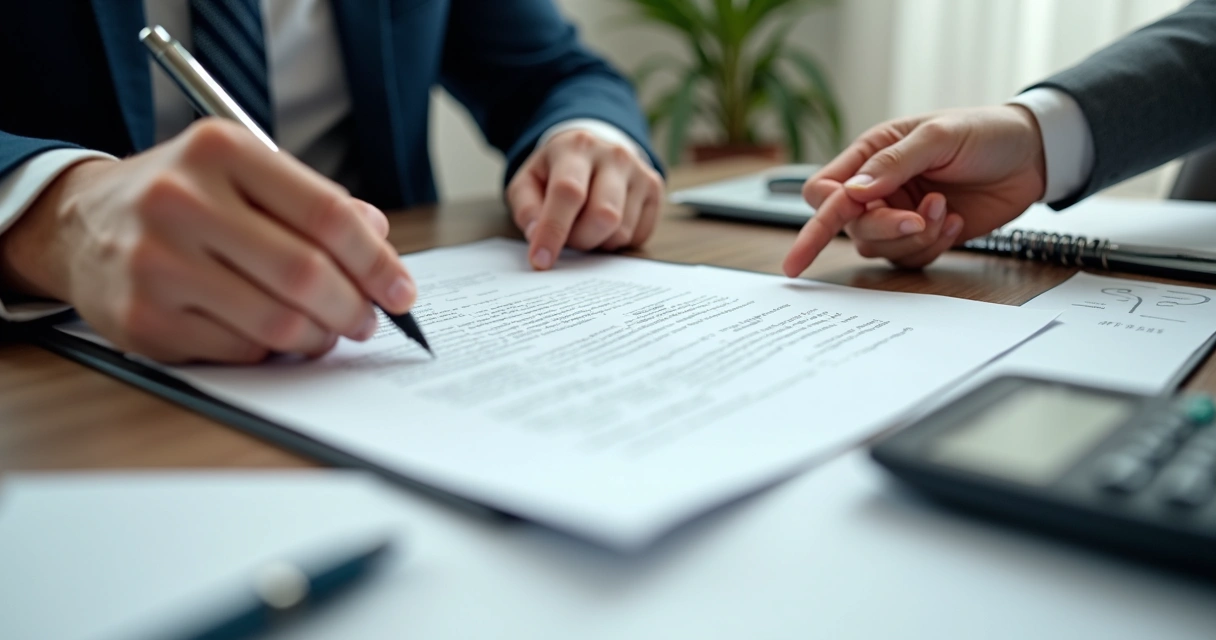 Duas pessoas trocando documentos e firmando um contrato sobre uma mesa com calculadora e caneta 