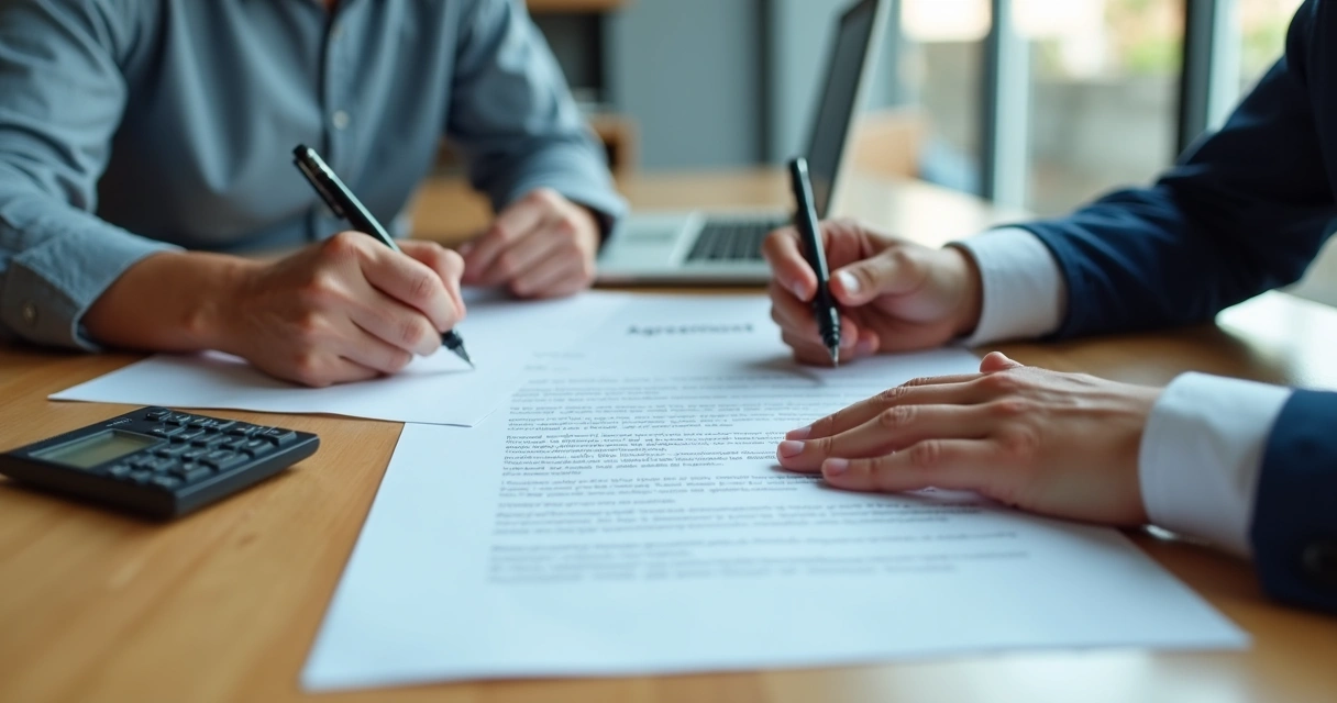 Empresários assinando documento societário em mesa de reunião 