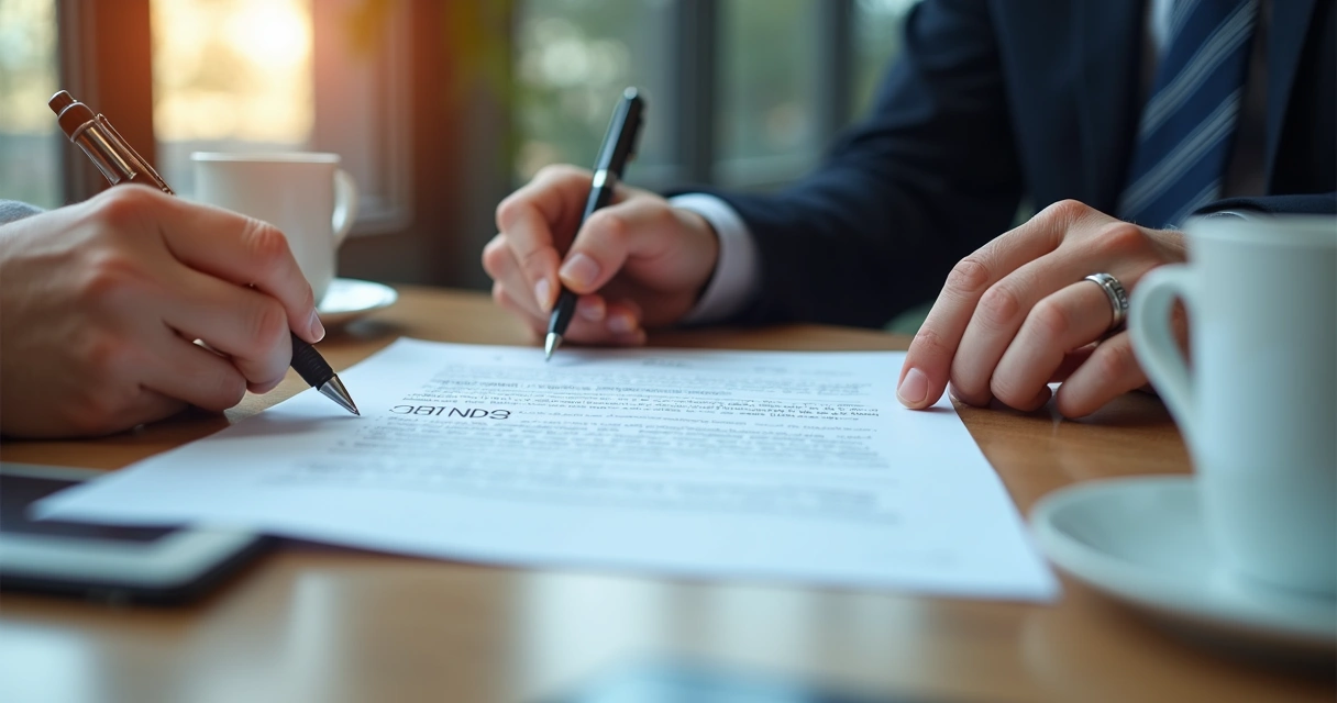Representantes empresariais assinando contrato empresarial 