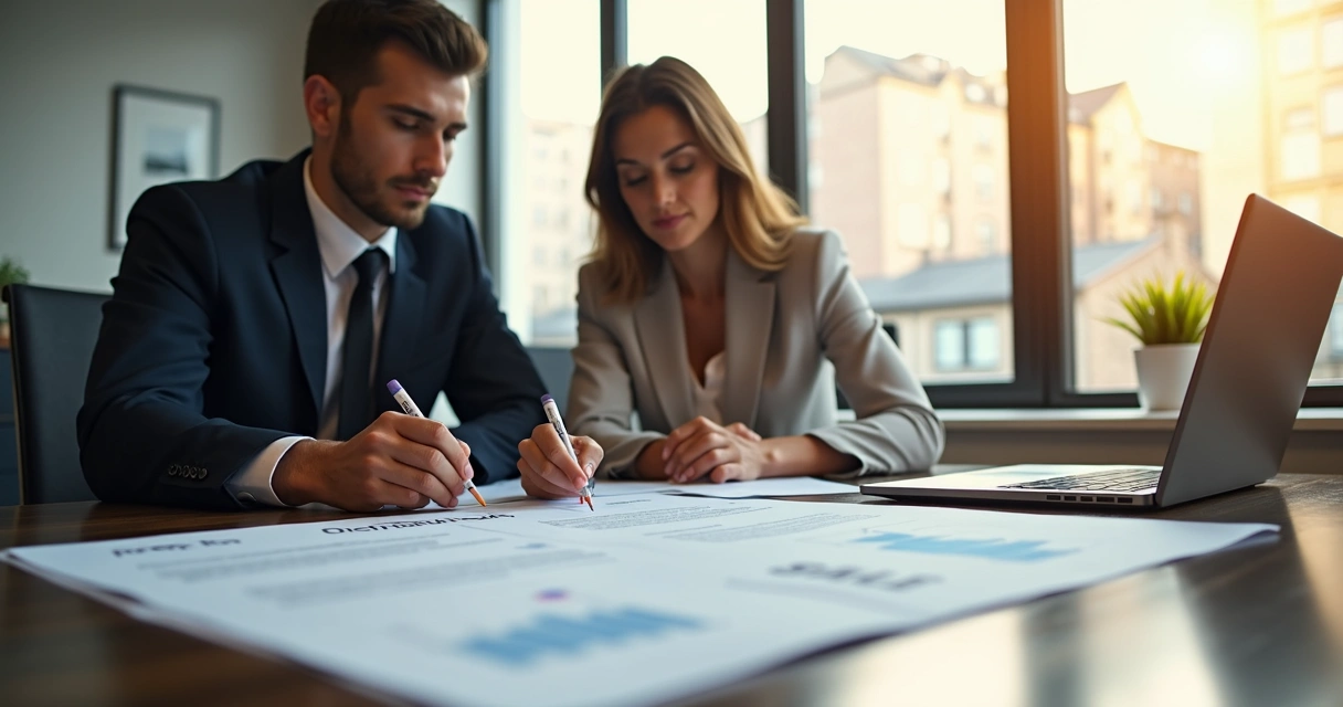 Pessoas analisando contrato de distribuição em mesa de escritório