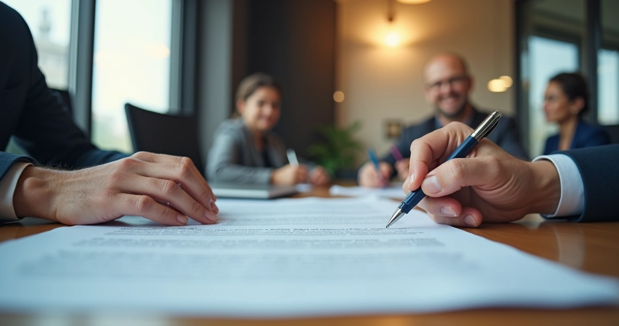 Empresário e cliente assinando contrato de evento em mesa de reunião, com papéis e canetas 