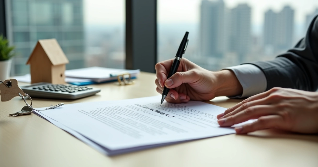Pessoa assinando contrato de aluguel com garantia de fiador ao lado de pequena casa de madeira 