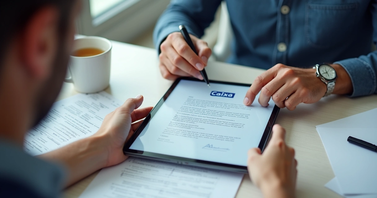 Homem assinando contrato digital de financiamento imobiliário da Caixa no tablet 