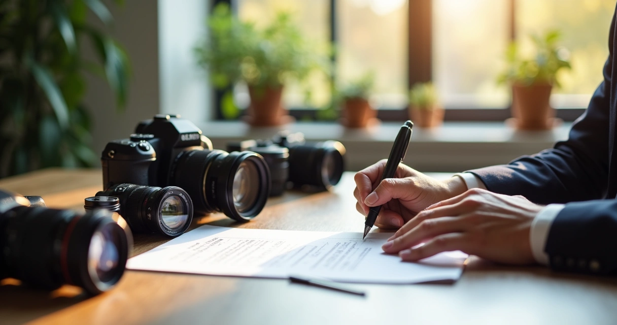 Cliente e fotógrafo assinando contrato de serviços fotográficos.
