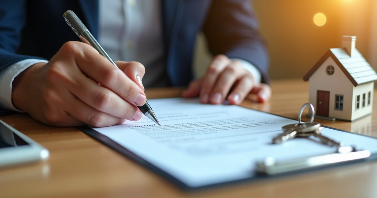 Mãos assinando contrato de crédito com imóvel 