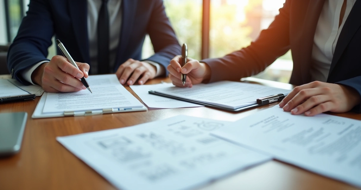 Assinatura de contrato em uma mesa com documentos e caneta 