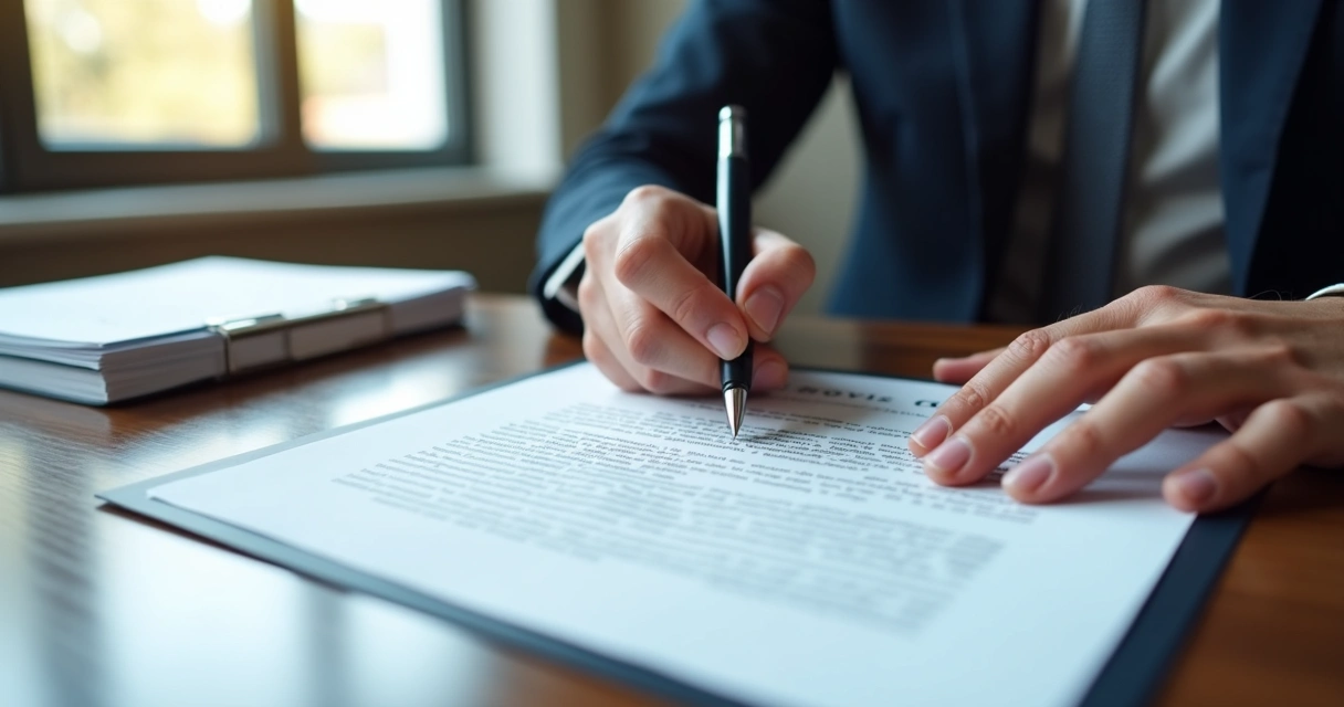 Pessoa assinando contrato em escritório jurídico