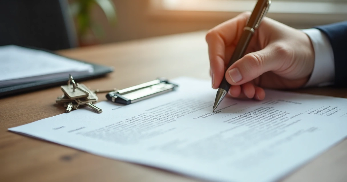 Assinatura de contrato imobiliário com documentos e chaves 