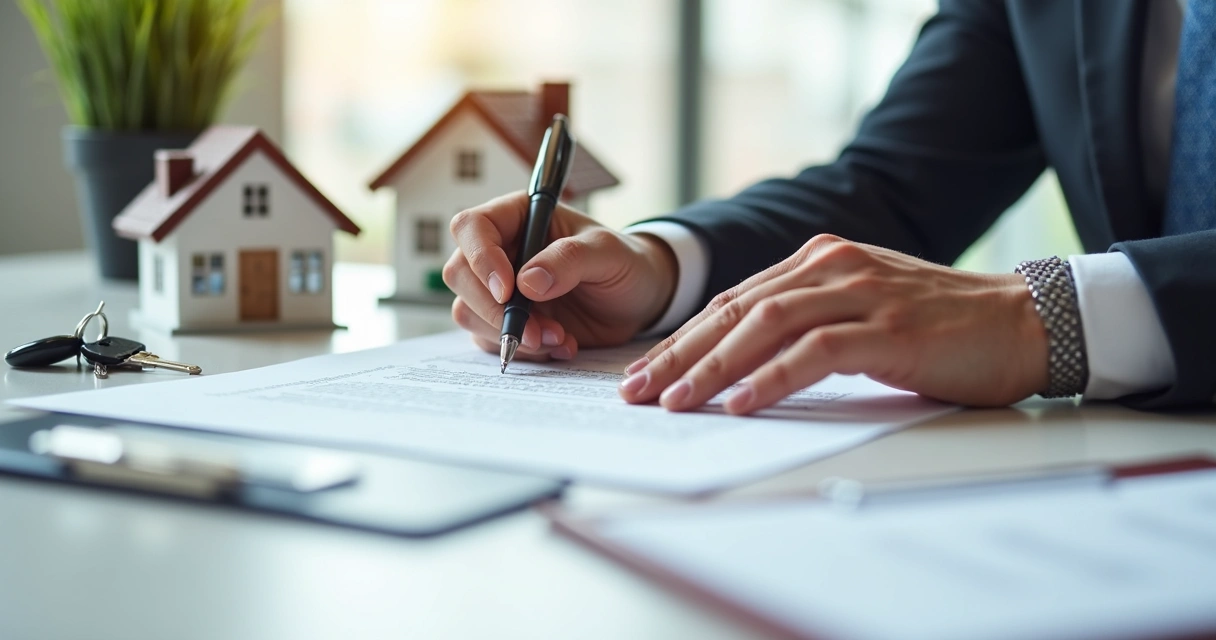 Pessoa assinando contrato imobiliário em mesa de escritório 