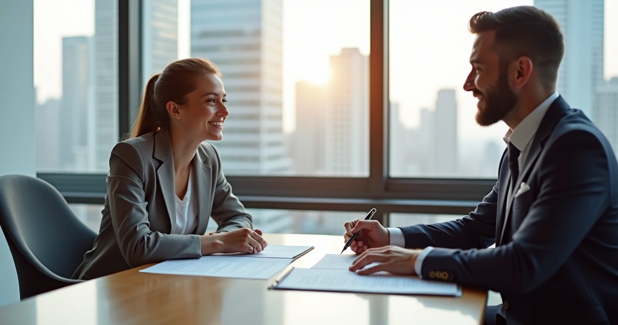 Corretor acompanhando cliente na assinatura de contrato de imóvel 