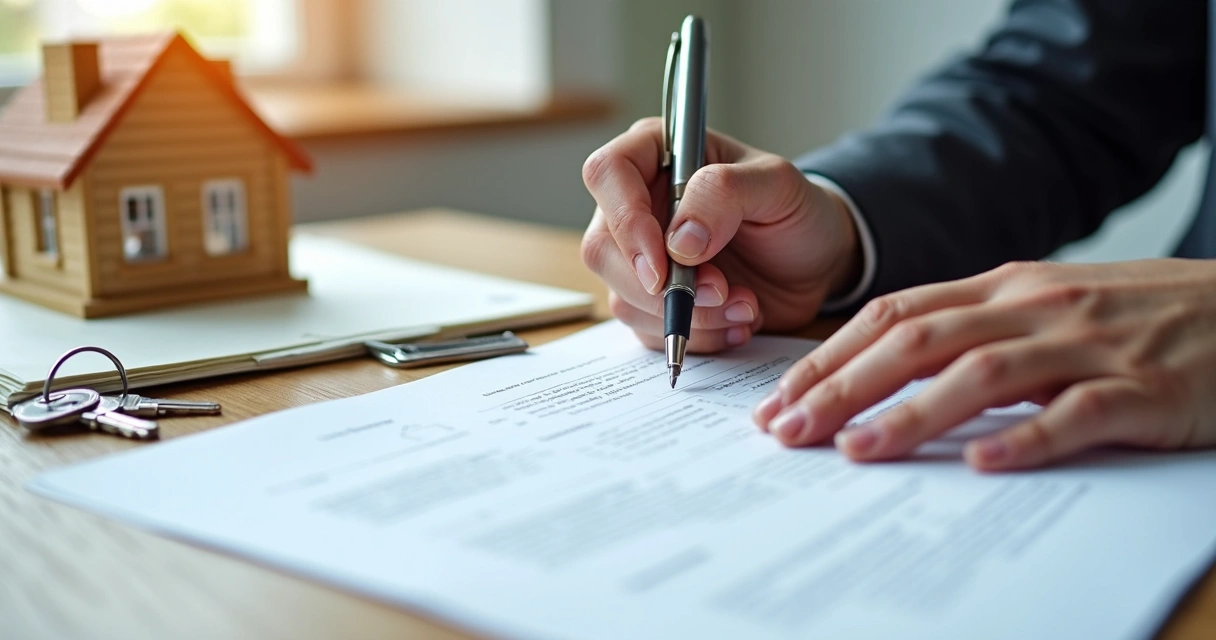 Assinatura de contrato de compra de imóvel com documentos e chaves na mesa 