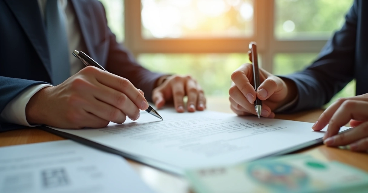 Assinando contrato imobiliário com dinheiro ao lado 