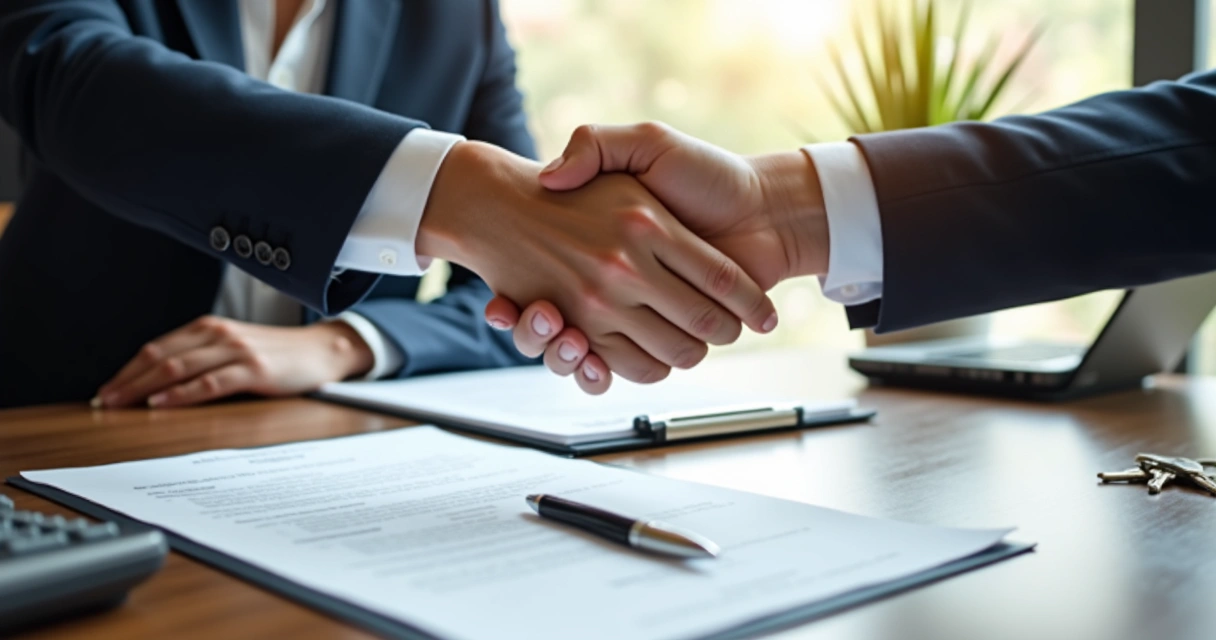 Corretor e cliente apertando as mãos sobre um contrato de imóvel assinado