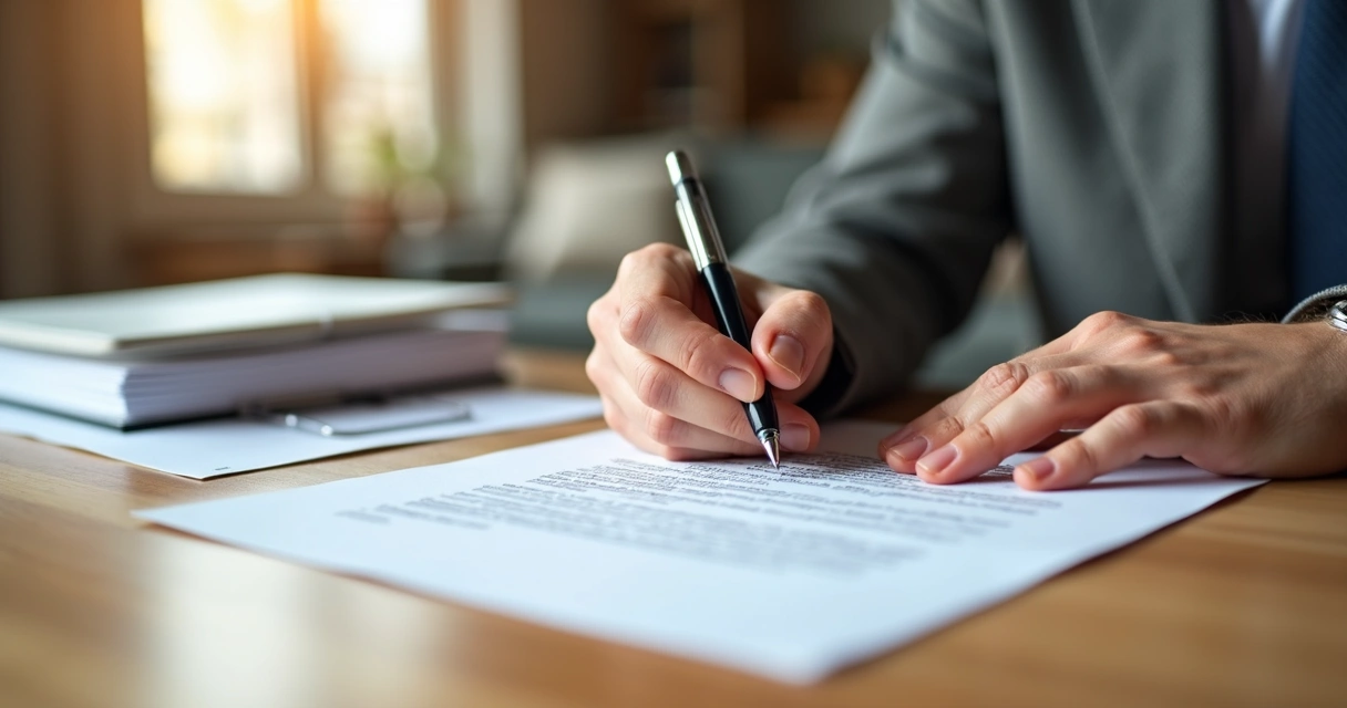 Pessoa assinando contrato de aluguel em mesa com mãos e caneta 
