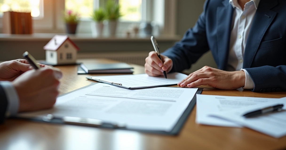 Assinatura de contrato de compra e venda de imóvel em uma mesa de escritório