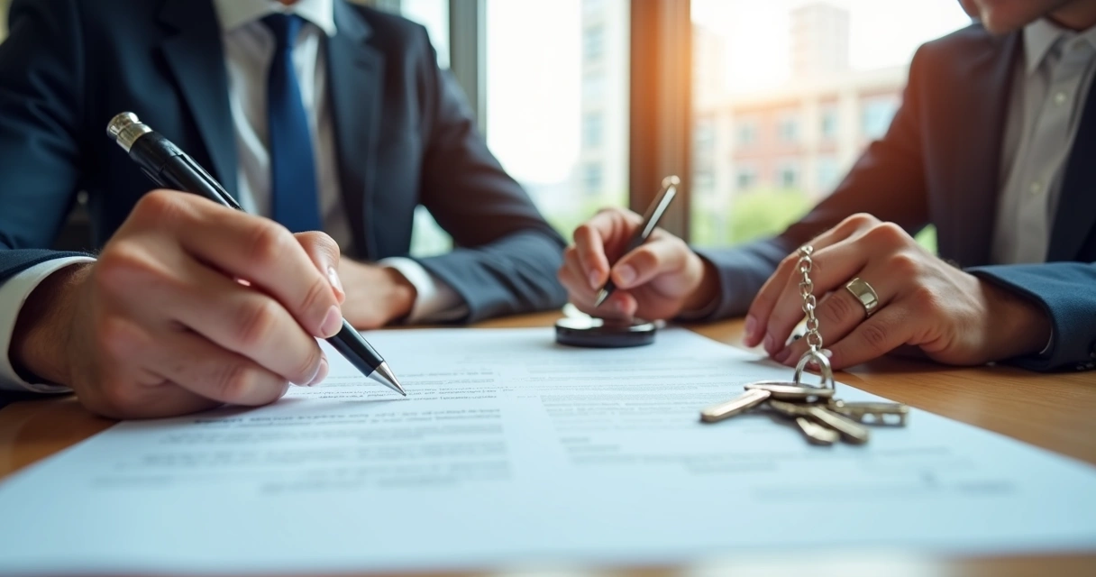 Corretor e proprietário assinando documentos imobiliários 