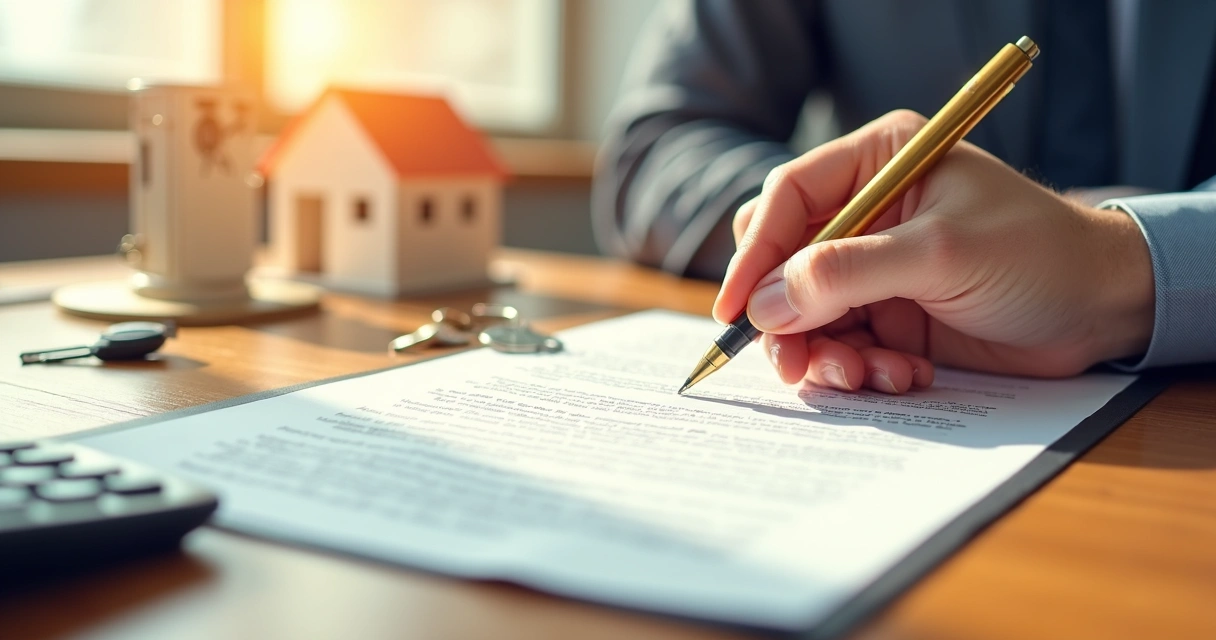 Pessoa assinando contrato imobiliário com caneta dourada 