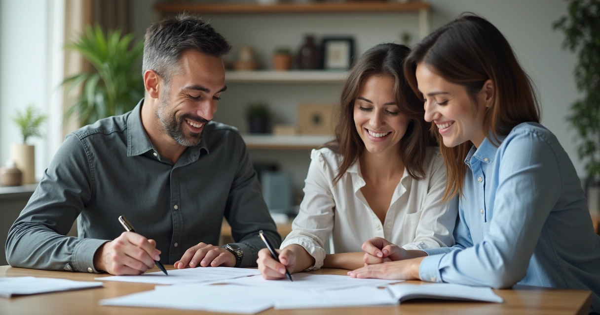 Casal assinando contrato de compra de imóvel
