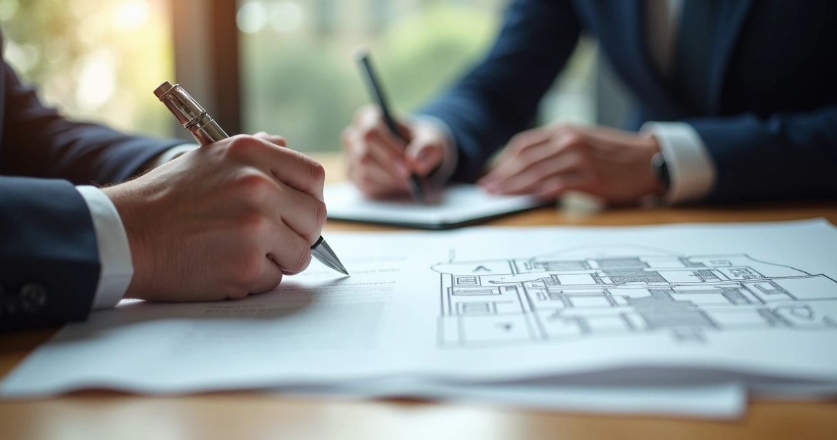 Cliente assinando contrato de compra de imóvel em mesa de escritório, com planta baixa ao lado 