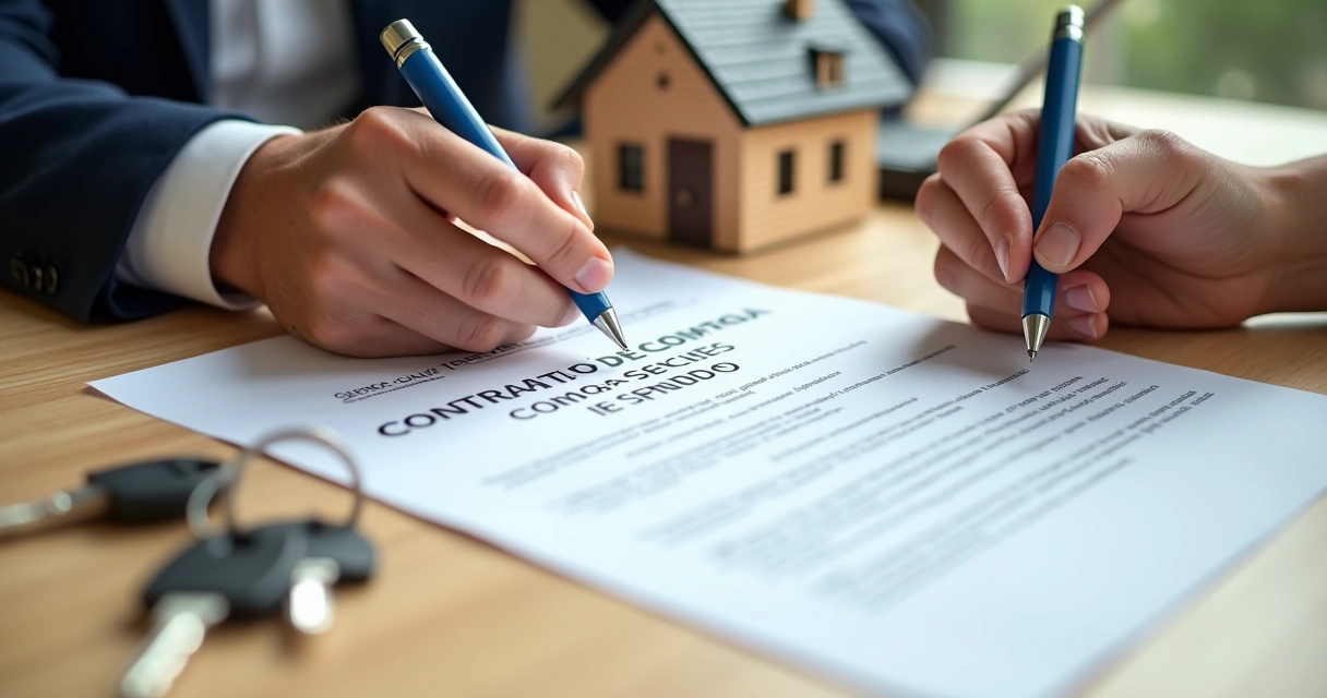 Assinatura de contrato de venda de imóvel em mesa de escritório 