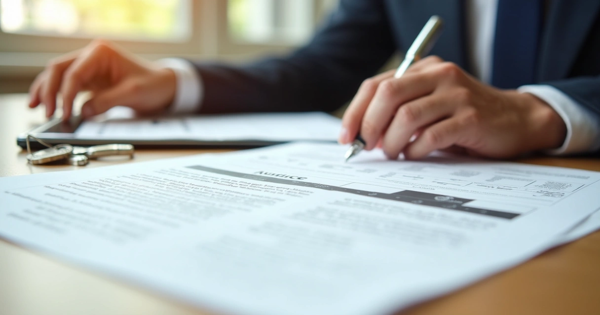 Assinatura de contrato imobiliário com documentos e chaves na mesa 