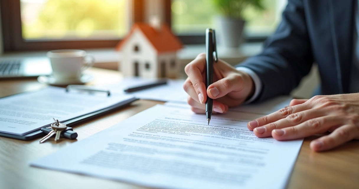 Pessoa assinando contrato imobiliário com documentos na mesa