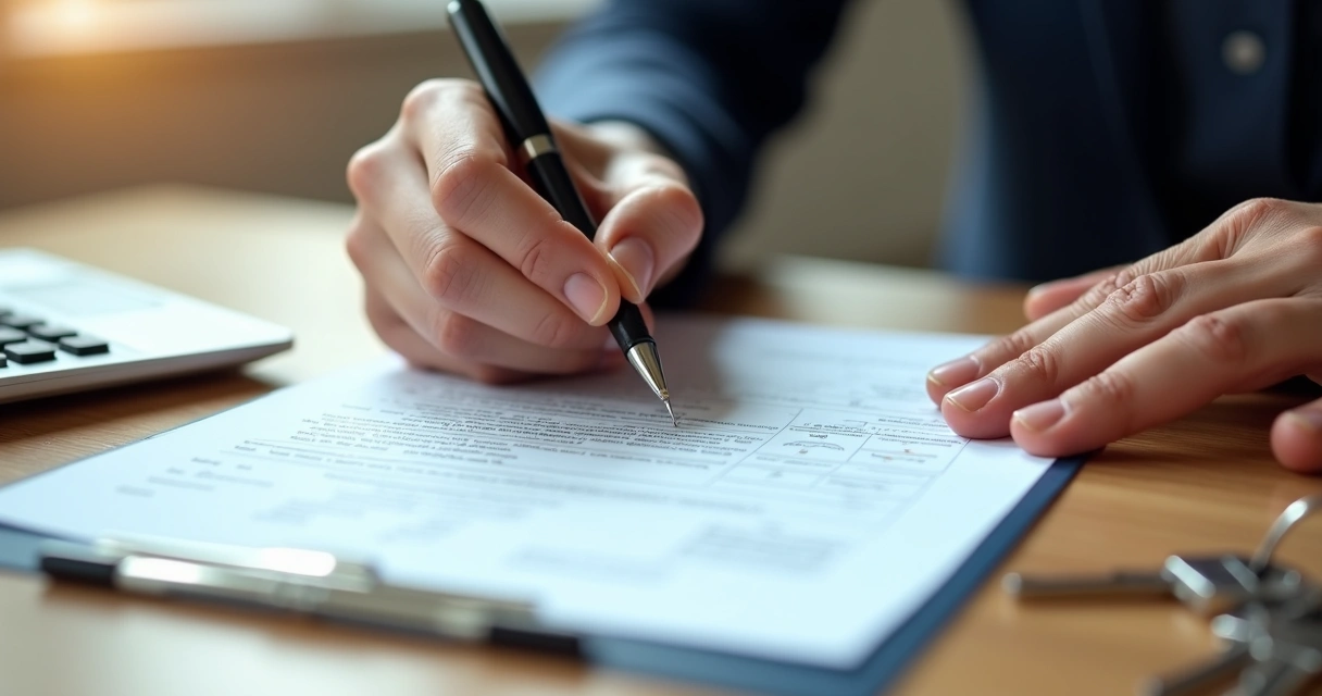Pessoa assinando contrato imobiliário com chave ao lado 
