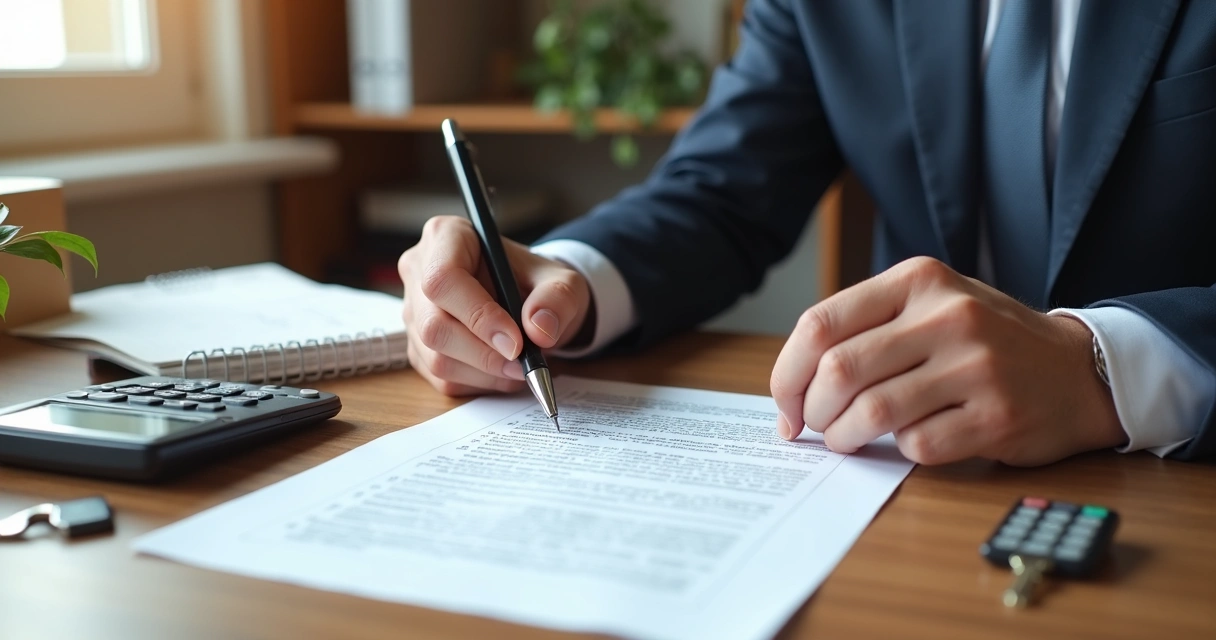 Assinatura de contrato de compra de imóvel com documentos e chave na mesa