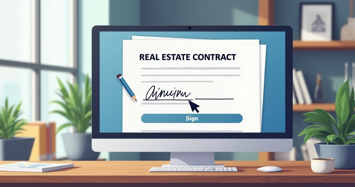 Tela de computador mostrando contrato de imóvel sendo assinado digitalmente 